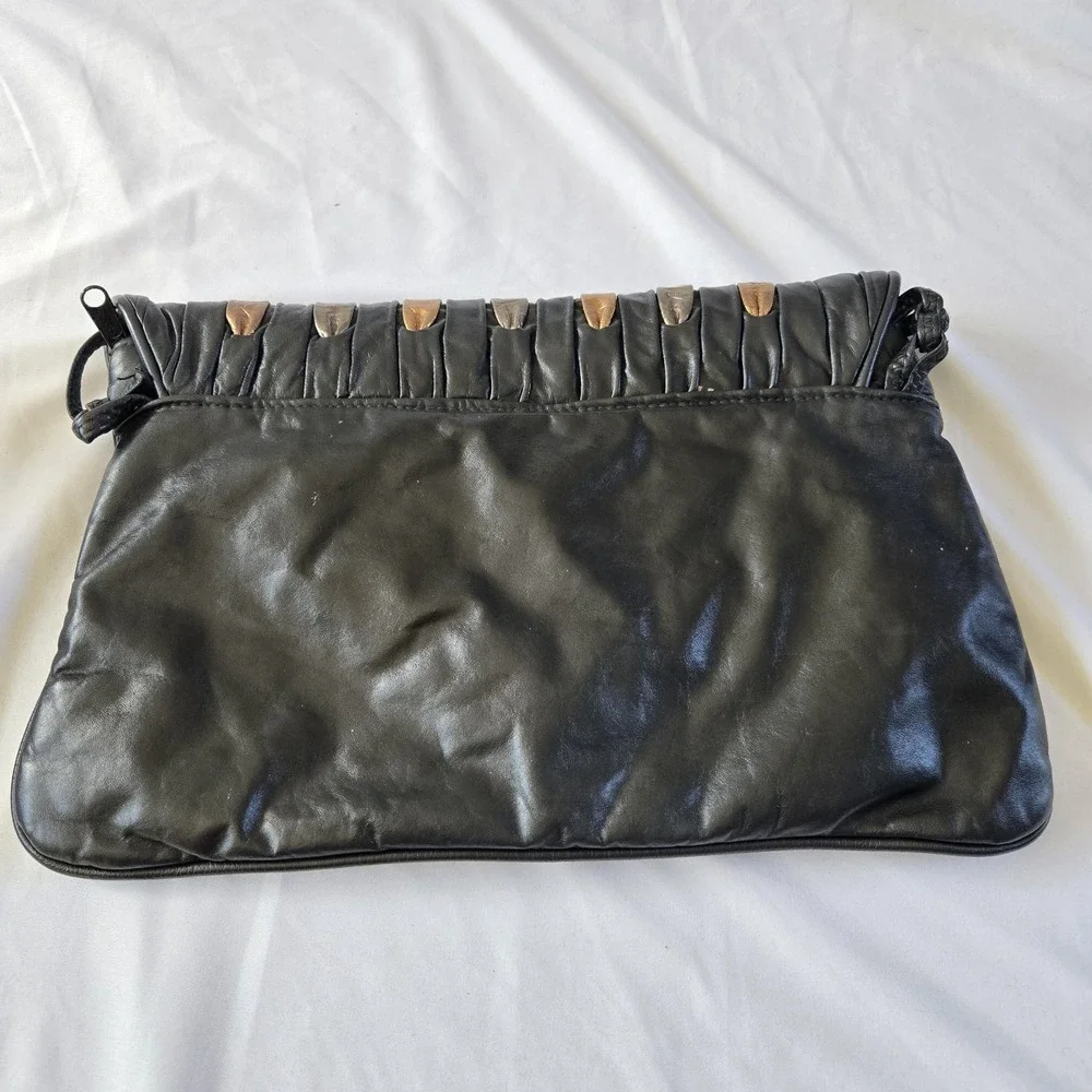 Vintage 60s Black Leather Flap Clutch Purse Large Envelope Mixed Metallic Detail